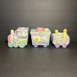 Vintage 3pc Hand Painted Porcelain Easter Bunny & Chick Candle Holder Train Set